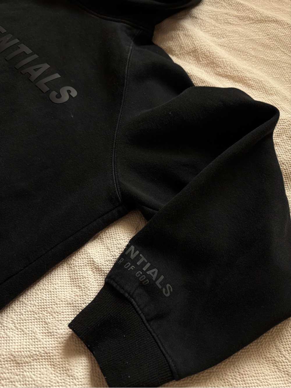Essentials Black Pullover Hoodie with Raised Logo Patch